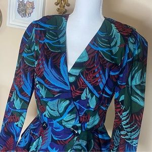 Vintage A’la Mode Floral Palm Fern Ruffled Peplum Waist Fitted Blazer Jacket